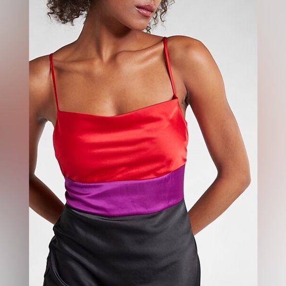 EXPRESS Satin Color Block Cowl Neck Midi Slip Dress NWT - Picture 3 of 6